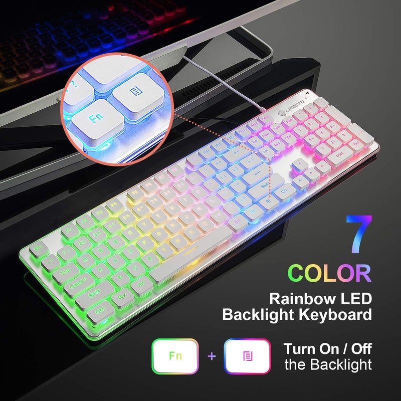 LANGTU Membrane Gaming Keyboard, Rainbow LED Backlit Quiet Keyboard for Office, USB Wired All-Metal Panel 25 Keys Anti-ghosting Computer Keyboard 104 Keys - L1 White/Silver - Image 2